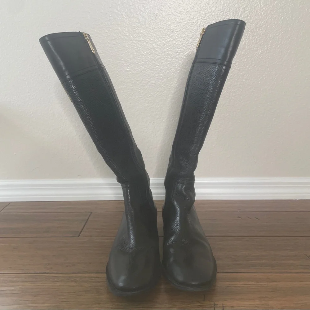 Tory Burch black grained leather riding boots zip up knee high boots vintage